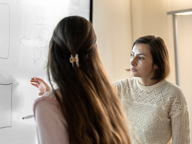 Olga H&auml;nsch, Senior Project Consultant bei TriFinance, erkl&auml;rt einen R2R-Prozess an einem digitalen Whiteboard im Fast-Close-Workshop von TriFinance.