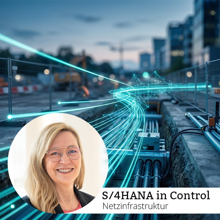 TriFinance Senior Project Managerin l&auml;chelt vor einer Netzinfrastruktur-Baustelle zur SAP S/4HANA Transformation.