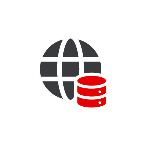 Icon ESG-Reporting: Weltkugel mit roter Datenbank als Symbol f&uuml;r die systemseitige Implementierung und Management von Nachhaltigkeitsdaten.